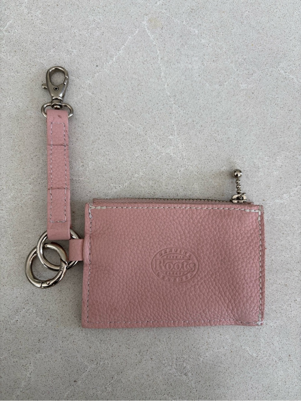 Roots Pink Pebbled Leather Top Zip Key Pouch Wallet Coin Case Minimalist Strap